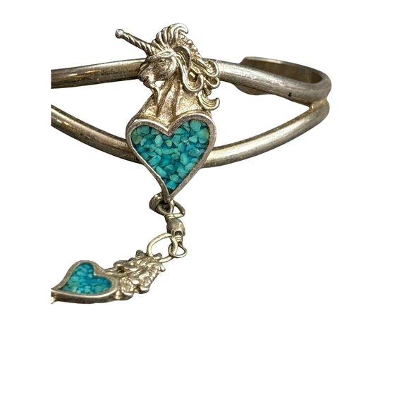 Unicorn Heart Slave Bracelet w Ring Silver Tone Crushed Turquoise Sz 6.5 EGE 90 - Picture 2 of 5